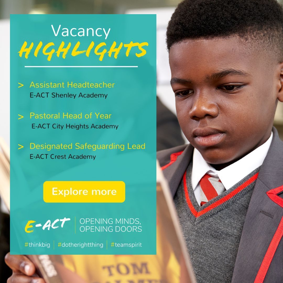 📣E-ACT Vacancy Highlights📣 Don't miss out on these incredible opportunities across our trust👇 buff.ly/3I1dXZS 1️⃣ Assistant Headteacher buff.ly/3wkKKal 2️⃣ Pastoral Head of Year buff.ly/3WD3tZu 3️⃣ Designated Safeguarding Lead buff.ly/44DQRDg