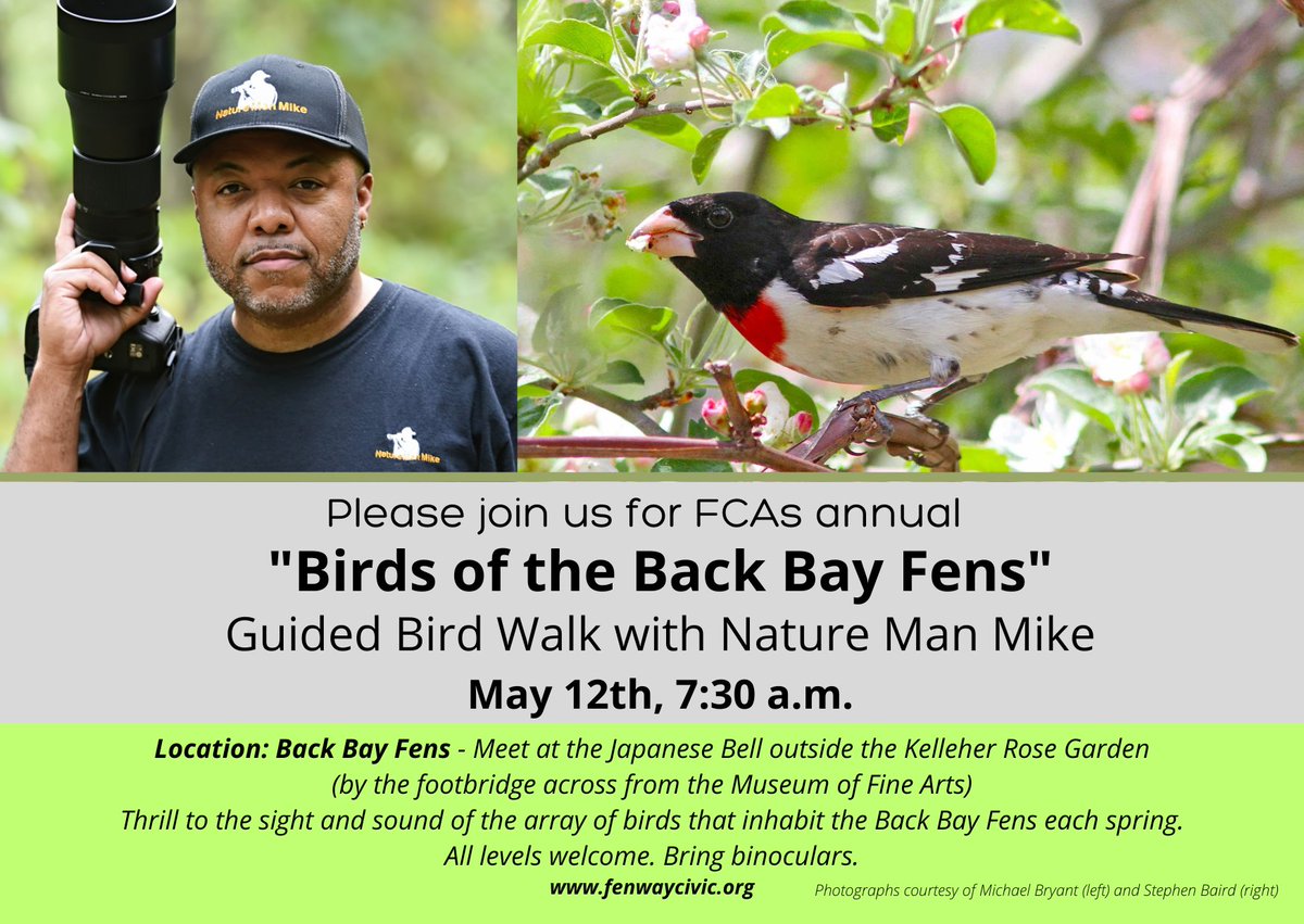 Fenway Civic (@fenwaycivic) on Twitter photo Calling all birders - join <a href="/NatureManMike/">Nature Man Mike</a> for FCA's Annual Birds of the Back Bay Fens this Sunday - details below! Calling all birders - join <a href="/NatureManMike/">Nature Man Mike</a> for FCA's Annual Birds of the Back Bay Fens this Sunday - details below!