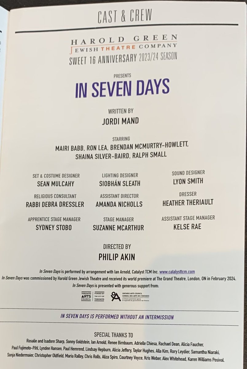 Still a bit verklempt thinking about the lovely @HGJTC production of IN SEVEN DAYS by Jordi Mand. It only runs till next Thurs May 16, at the Meridian Arts Centre (which is right on the subway line!!!), and there are $30 Arts Worker tickets available. hgjewishtheatre.com/2023-2024-InSe…