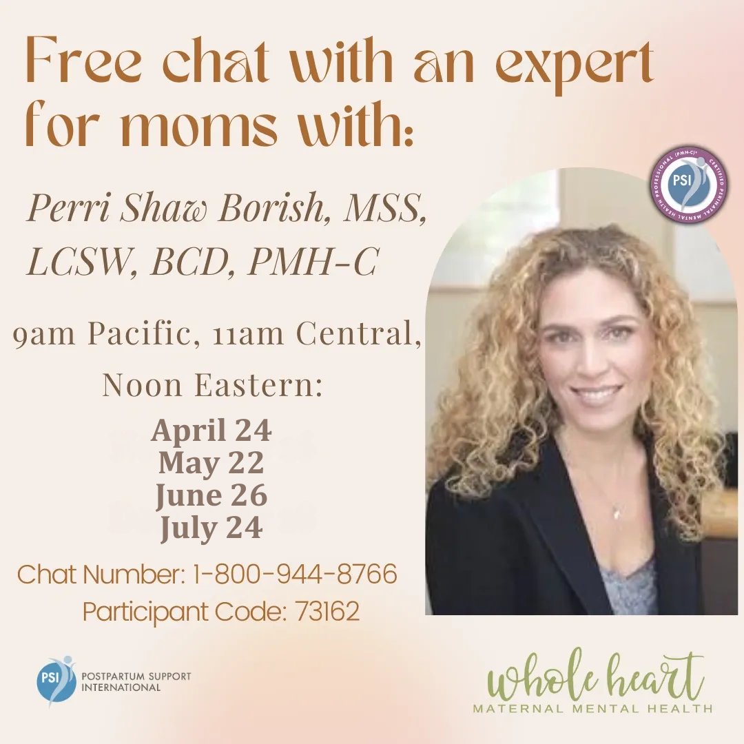 Coming up on May 22nd! Perri Shaw Borish will be on PSI Chat With an Expert (@PostpartumHelp). It's a FREE opportunity to talk with a professional about resources, symptoms, and perinatal mood and anxiety disorders. Chat Number: 1-800-944-8766 Participant Code: 73162
