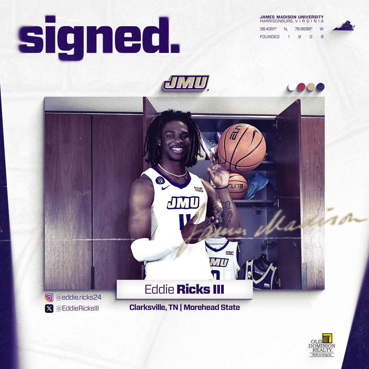 JMU Men's Basketball (@jmumbasketball) on Twitter photo ππ’π π§ππ. βοΈ
Welcome home, <a href="/EddieRicksIII/">Eddie Ricks III</a>βοΈ
Eddie played in 28 games as a freshman at Morehead State, averaging 7.1 points, 4.9 rebounds and 1.4 assists to help the Eagles to an OVC title and a berth in the NCAA Championship.
#GoDukes ππ’π π§ππ. βοΈ
Welcome home, <a href="/EddieRicksIII/">Eddie Ricks III</a>βοΈ
Eddie played in 28 games as a freshman at Morehead State, averaging 7.1 points, 4.9 rebounds and 1.4 assists to help the Eagles to an OVC title and a berth in the NCAA Championship.
#GoDukes