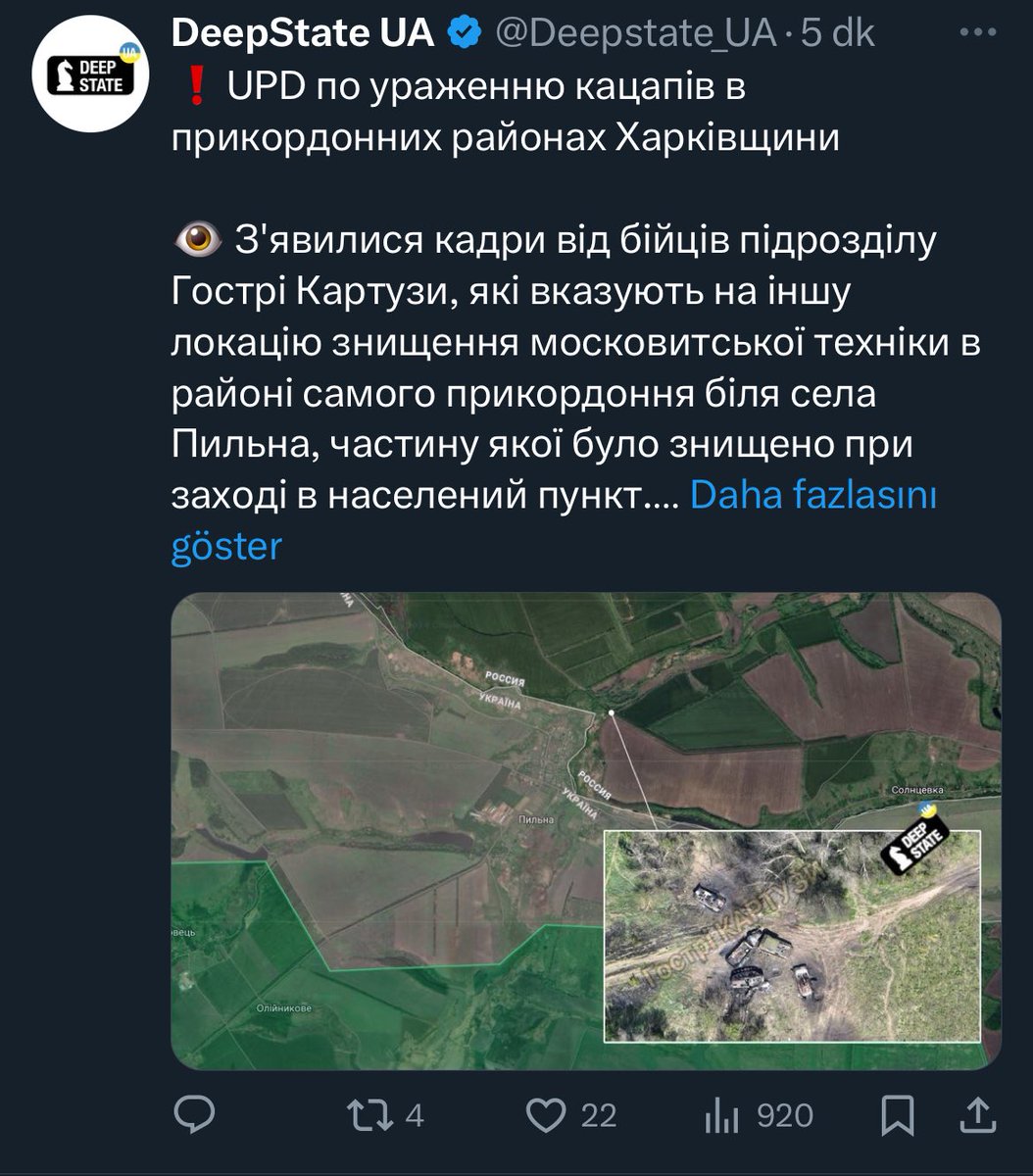 Ukrayna Deepstate Kharkiv’de bu sabah paylaştığı Geolokasyon’da hata yaptıklarını açıkladı. Rus birliklerinin henüz Kharkiv’e girdiği doğrulanmadı. Uydu görüntülerine göre Vurulan araçlarından ise en az 1 tanesi uzun süredir aynı bölgede. İki tarafta yoğun propaganda yapıyor