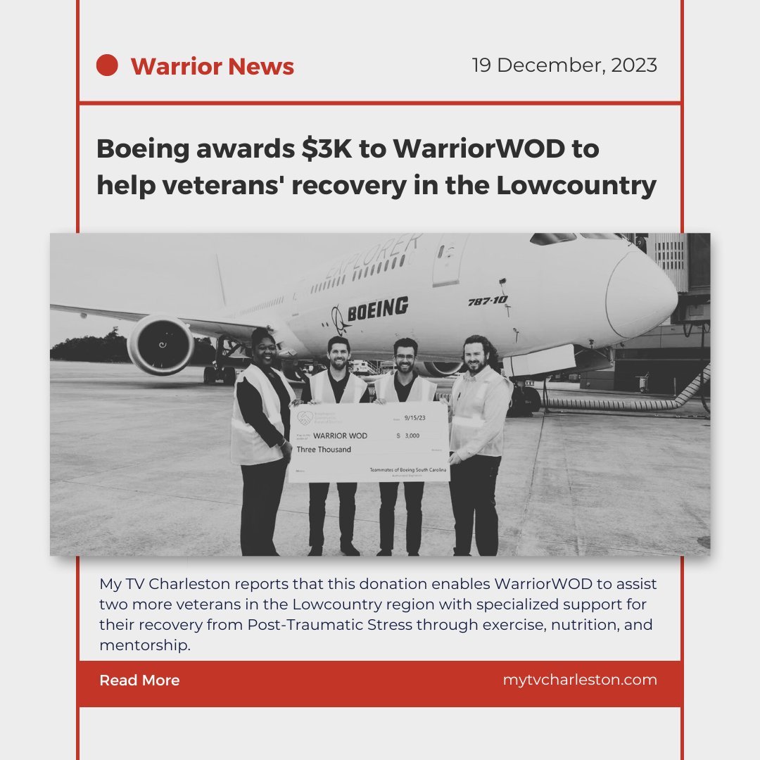 🎤🌟 WarriorWOD was recognized by Boeing and awarded $3K to help veterans' recovery in the Lowcountry. ⁠ ⁠⁠ Click the link to learn more! l8r.it/hImk #WarriorWOD #veterns #recovery #PTSD #suicideawareness #mentalhealthawareness