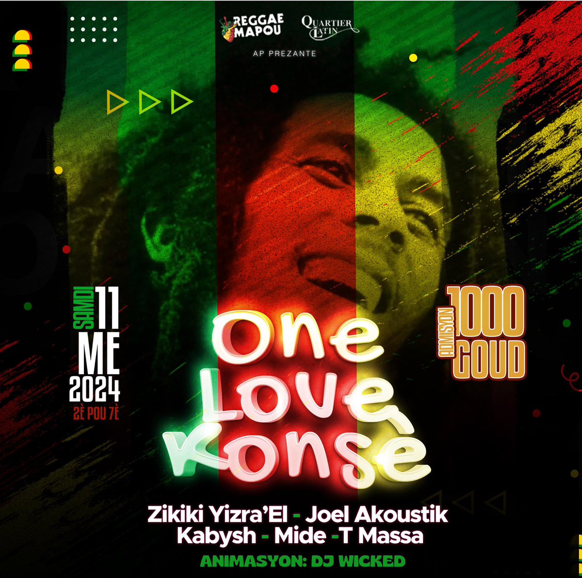 Vin nou pase yon moman lanmou ansanm samdi 11 me nan @brasserieql Selebrasyon Reggae, jounen pou n onore youn nan pi gwo lejann mizik sa, BOB Marley! Sòti 2è rive 7è, avèk @yizraelofficial @joelakoustik @kabyshofficial @mide_steffi @tmassaofficial 💚💛❤️ Animasyon: @djwicked15