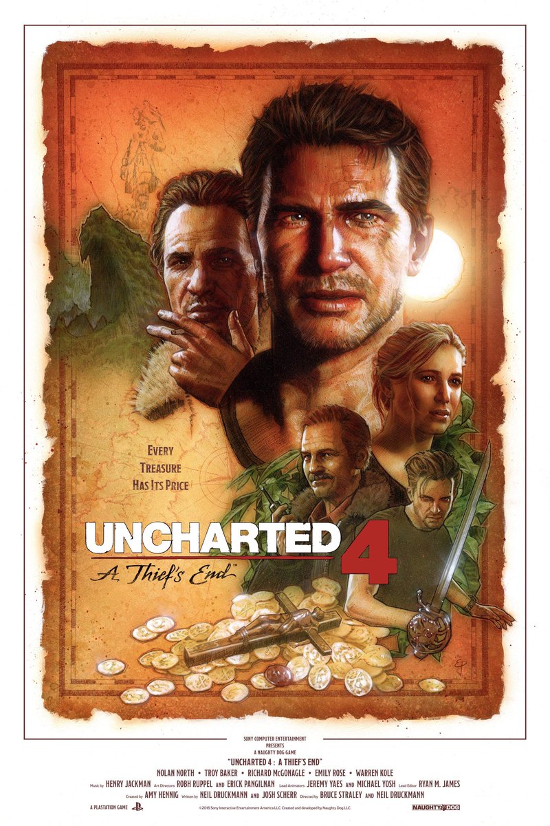 Uncharted 4 was released on this day, 8 years ago!

The fanfare surrounding its release is what finally convinced me to buy a Playstation and check out the Uncharted series. I'm SO glad I did!

This incredible poster was done by Ethan Pro - check out his page! <a href="/ArtofEthanPro/">Ethan Pro</a>