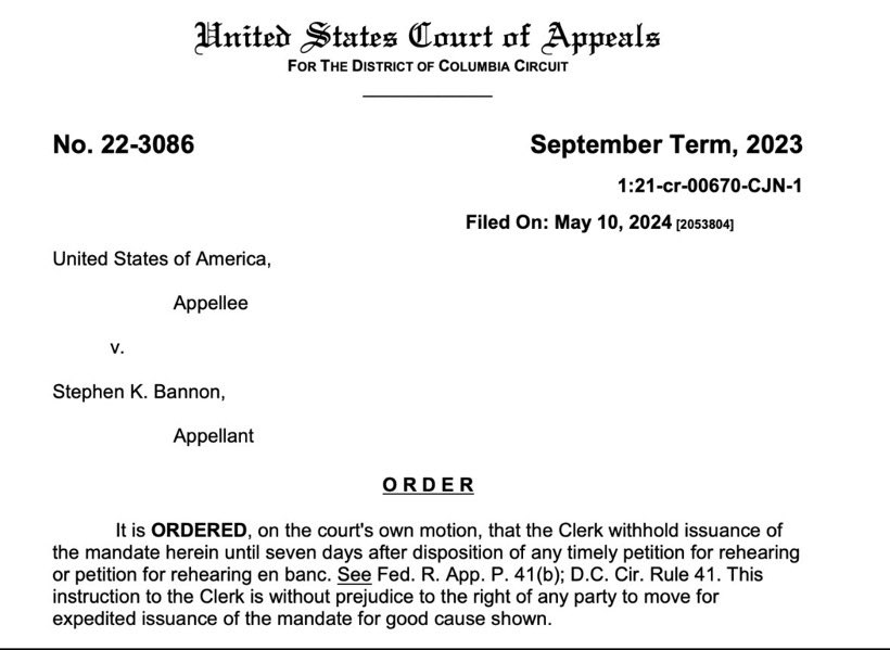 JUST IN: The DC Court of Appeals just rejected Steve Bannon’s appeal, and upheld his contempt of Congress conviction.

This means Steve Bannon will be jailed at some point during the 2024 Presidential Election.