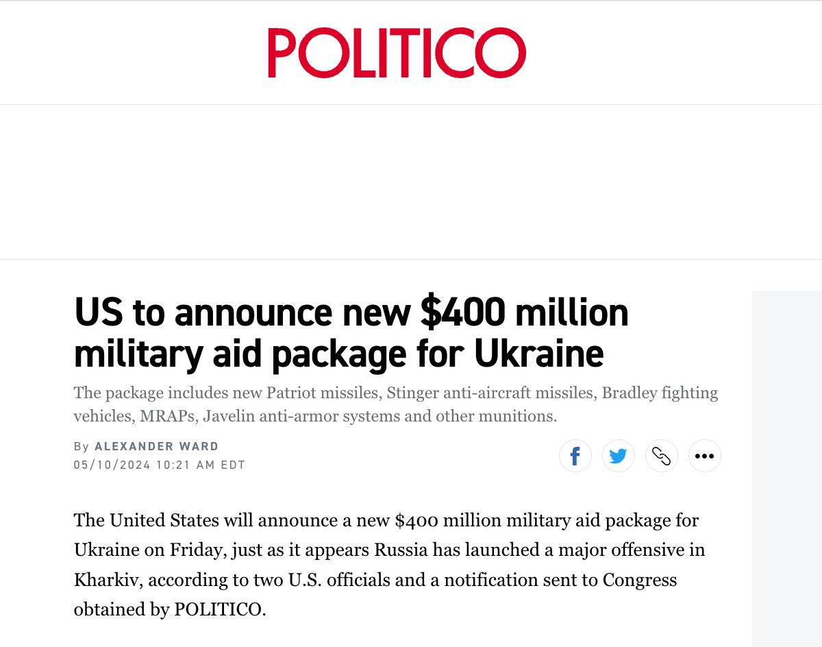 Politico: The US plans to announce a new package of military aid to Ukraine worth $400 million The package includes new Patriot missiles, Stinger surface-to-air missiles, Bradley Fighting Vehicles, MRAPs, Javelin anti-armor systems and other munitions.