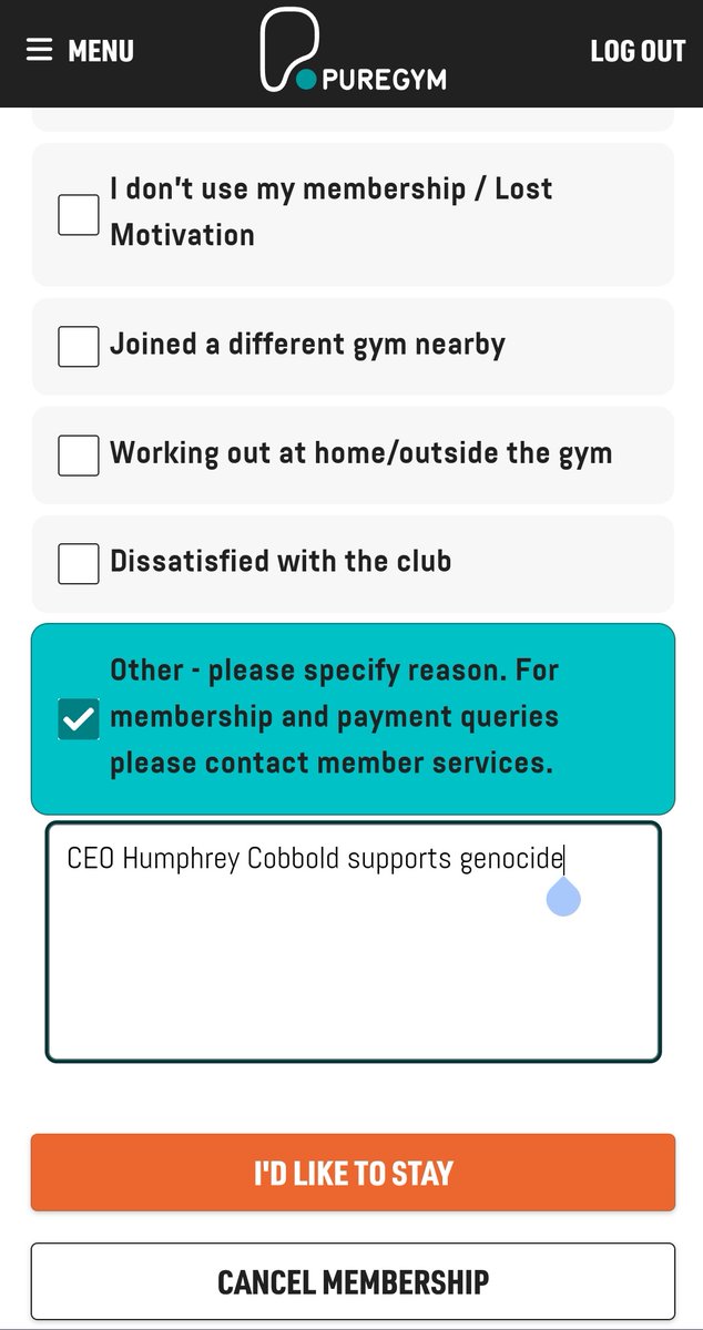 I've just cancelled my @PureGym membership following the comments made by the CEO where he defends Israel's mass slaughter of #Palestinians and genocide.
