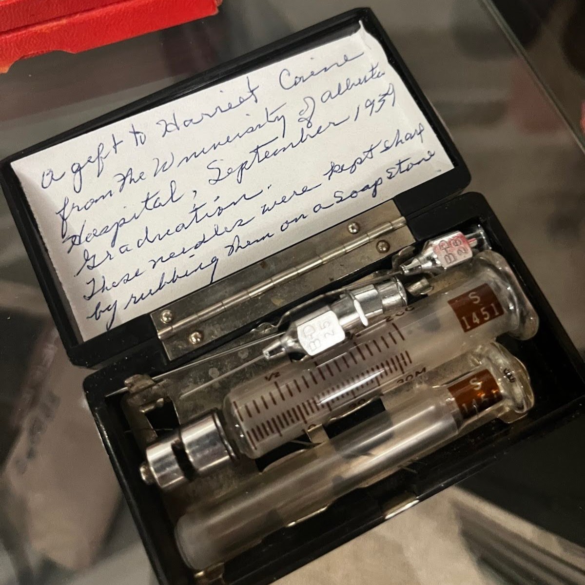 A piece of nursing history: a gift syringe and needles, a relic from the halls of the U of A Hospital in 1939. It was given to Harriet Caine for her graduation, with a note inside the lid to keep needles sharp with the gentle touch of a soapstone.

#NationalNursingWeek2024