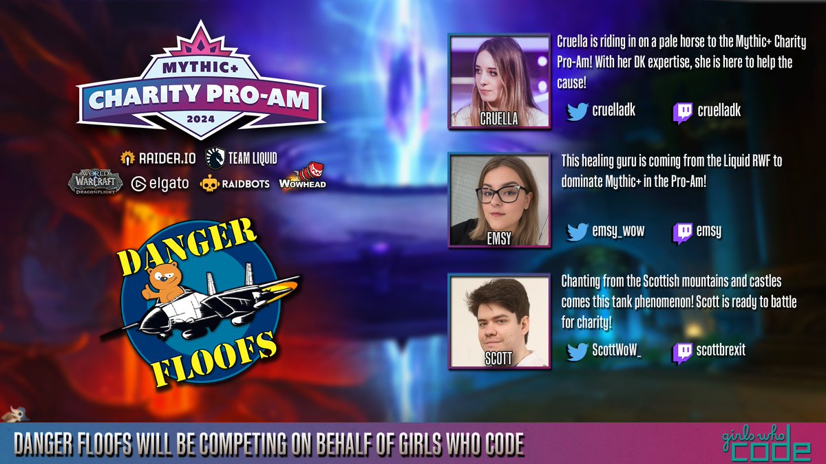 Meet our sixth and final team for the Mythic+ Charity Pro-Am: Danger Floofs!

@cruelladk, @emsy_wow, and @ScottWoW_ are bringing the fluff to raise money for @GirlsWhoCode! 

📜 rio.gg/2024proam

Registration closes in just a FEW HOURS - but its not too late!