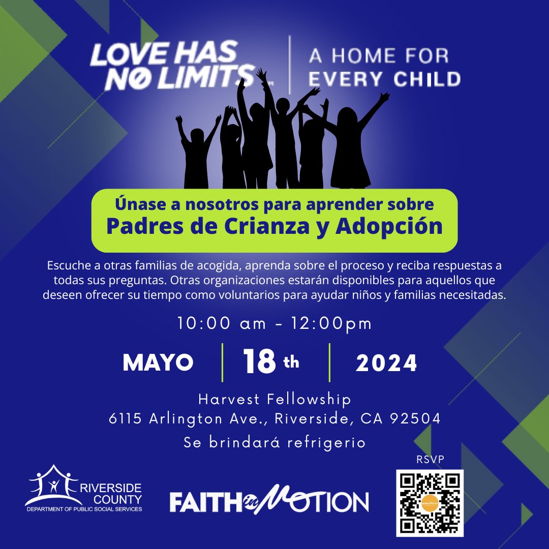 ❤️ ¡Acompáñenos para saber más sobre el cuidado de crianza y la adopción en el Condado de Riverside! 🌸 Nos reuniremos el sábado, 18 de mayo, de 10 a.m. a 12 p.m. en @harvestriv. Regístrese en bit.ly/EventoRiverside. ¡Juntos podemos hacer la diferencia! 👨‍👩‍👧‍👦 #RivCoDPSS #RivCoNow