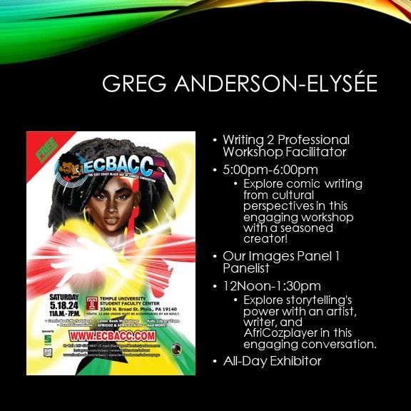 ECBACC (@ecbacc) on Twitter photo Greg Anderson-Elysée has agreed to appear at ECBACC 2024 as Writing 2 Professional Workshop Facilitator and Our Images Panel 1 Panelist. You can find out more information on the website buff.ly/4bmMvlY. Follow <a href="/GregAndElysee/">Greg Anderson Elysée</a> #ECBACC2024 Greg Anderson-Elysée has agreed to appear at ECBACC 2024 as Writing 2 Professional Workshop Facilitator and Our Images Panel 1 Panelist. You can find out more information on the website buff.ly/4bmMvlY. Follow <a href="/GregAndElysee/">Greg Anderson Elysée</a> #ECBACC2024