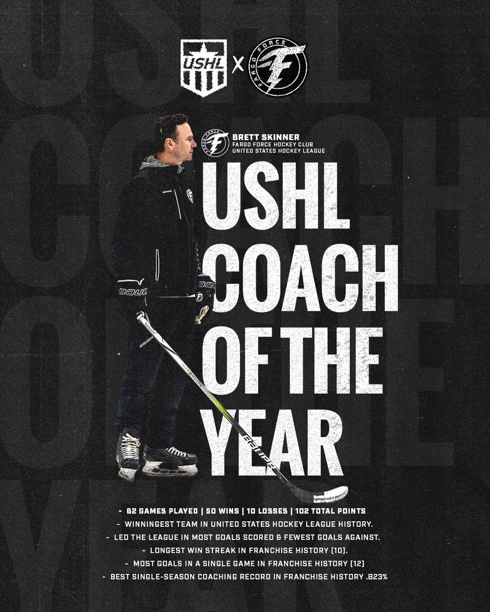 2023-24 USHL COACH OF THE YEAR🏆

Congratulations Fargo Force Head Coach, Brett Skinner on being named USHL Coach of the Year!

#ForceNation⚡️ | #StarsRise