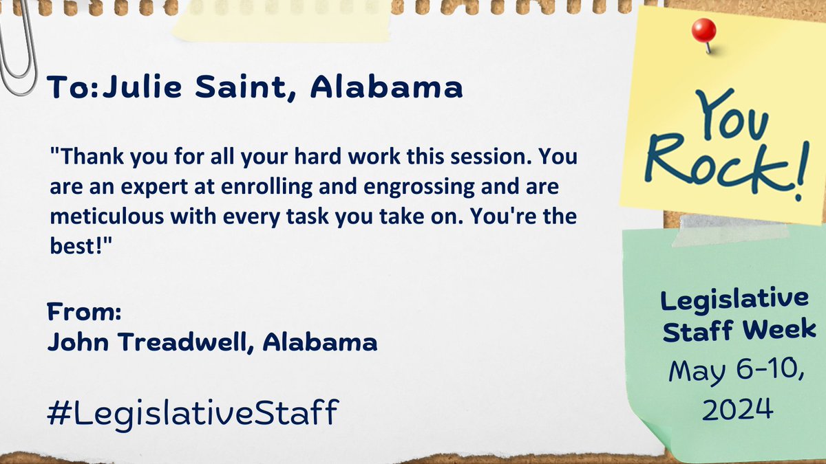 As part of NCSL's #LegislativeStaff Week, we are selecting a few 'shoutouts' to spotlight each day. Here's a shoutout for Julie Saint in the Alabama Legislature! Have someone in mind for a 'shoutout'? Today is the last day to submit yours➡️ bit.ly/3wf0r2K #ALleg
