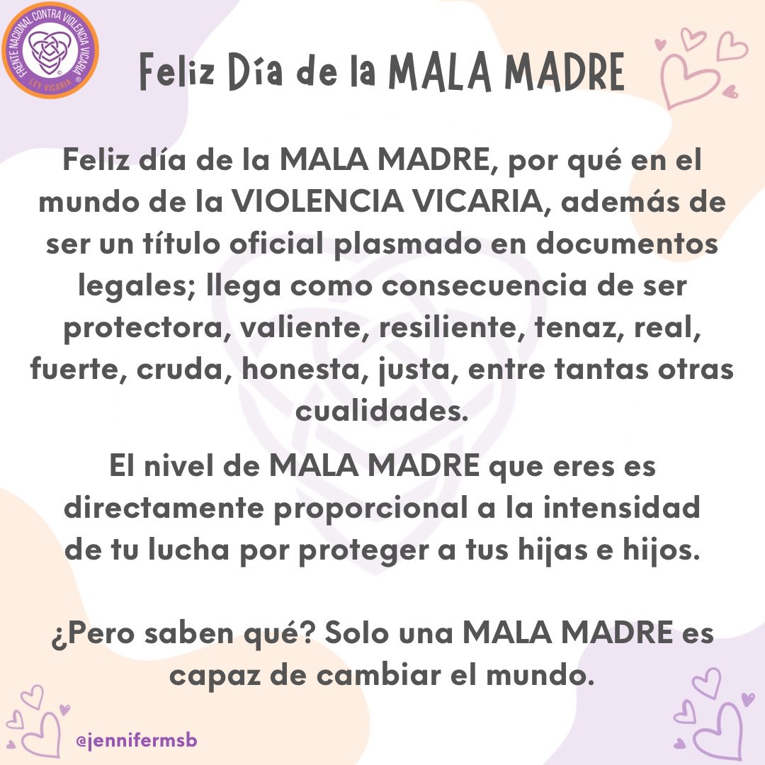 Feliz día de la MALA MADRE.

Solo una MALA MADRE es capaz de cambiar el mundo.

#felizdíadelamalamadrea
#10demayo
#nomásviolenciavicaria
#conlasinfanciasno
#leyvicaria
#FNCVV