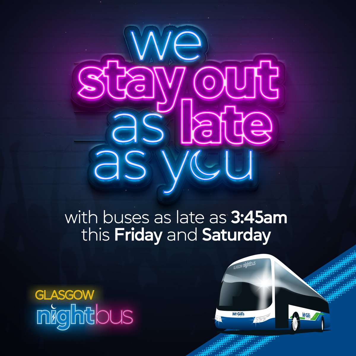 Happy Friday 🎉 Our nightbus is back out in Glasgow this weekend 🚌🌙 No more late-night stress about getting home - we've got you covered 🙌 Grab a NightSaver for £7.20 and enjoy unlimited rides after 6pm 💃 Find out more ➡️ mcgillsbuses.co.uk/nightbus