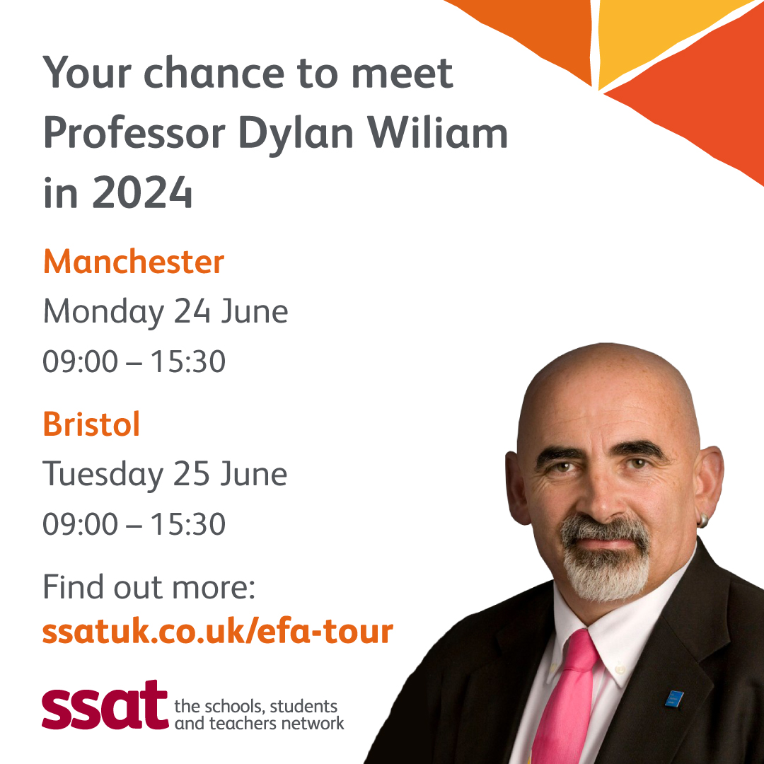 Free events Author of the whole-school Embedding Formative Assessment programme is looking forward to meeting you. @dylanwiliam will share his many years of experience on how schools improved their GCSE results, culture and student engagement from EFA. ow.ly/ccNF50RzkA6
