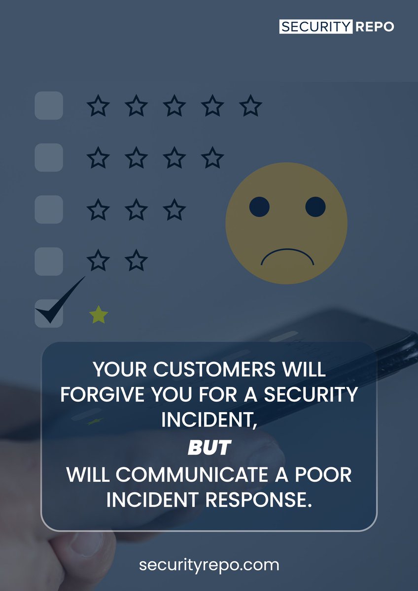 SecurityRepo's tweet photo. 🛡️ Don't Underestimate the Power of Incident Response! 💬Your customers prioritize transparency and accountability. Strengthen your incident response to earn their trust and loyalty
https://t.co/VQ8m50BLPj
https://t.co/BqrxgCQavR

#IncidentResponse #CustomerTrust #TakeActionNow https://t.co/KCGp6Rn93Y