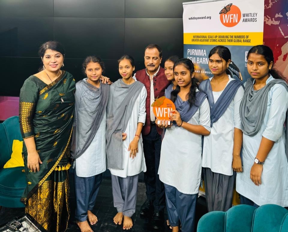 Whitley Award winner @StorkSister, members of the ‘Hargila Army’, and their daughters were invited to the NKTV studio today for an hour-long talk show interview to discuss her Award for her incredible movement to empower women through protecting the Greater Adjutant Stork.