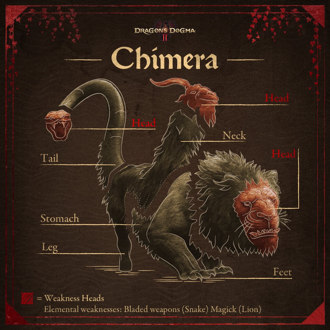 With its multiple heads and perilous attacks, the Chimera poses great dangers to the realms. Be sure to take a gander at our Maister charts, if you want to stay a-HEAD of the game when facing off against a Chimera. #DragonsDogma2 #DD2