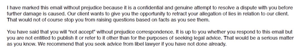 Osborne Clarke sent me an email threatening me with a libel action in July 2022 for saying their client, Nadhim Zahawi, had lied (spoiler: he had). The email included this: