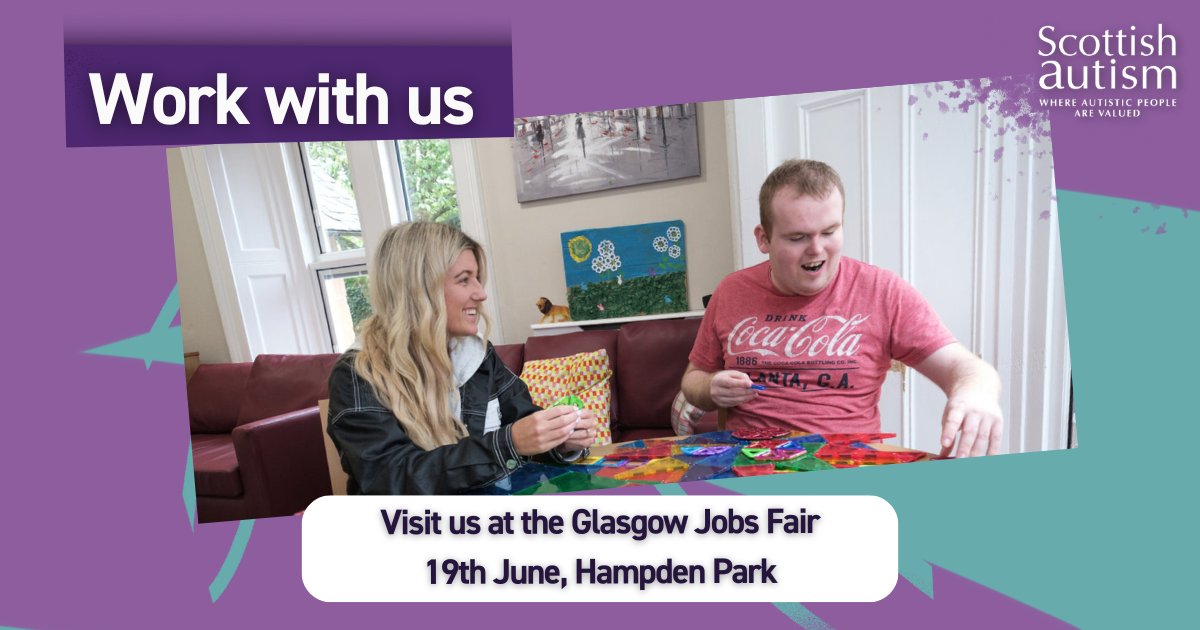 Fancy finding out more about what it's like to work for Scottish Autism? Come visit us at the Glasgow Jobs Fair!  📍 Hampden Park 📅 19th June 🕒 10am-1pm Sign up now: bit.ly/SAjobsfair See you there!