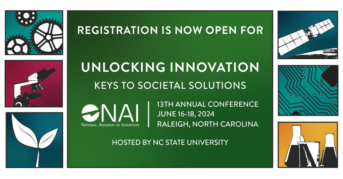 AcadofInventors's tweet image. Registration is now open for our 13th Annual Conference, taking place in Raleigh, N.C.! Our Conference is a premier opportunity to network with and learn from some of the greatest minds in #innovation.

Register: bit.ly/3V2AfCv

#inventors #patents #invention #STEM