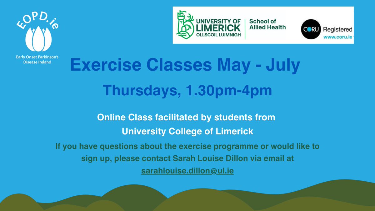 🌞There is a change of time for the online exercise classes facilitated by students of UL. The new time is on Thursdays from 1.30pm - 4pm, and the classes will run from 23rd May until 4th July. 📧 Please don't hesitate to get in touch with us at info@eopd.ie for any support.