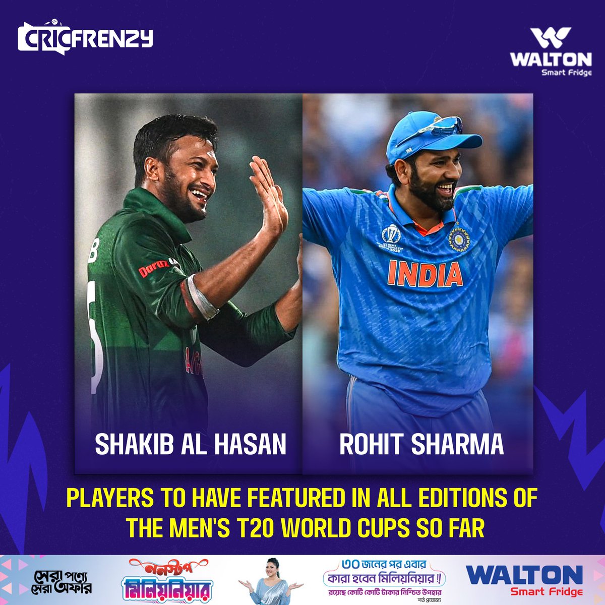 এ পর্যন্ত অনুষ্ঠিত হওয়া সকল টি ২০ বিশ্বকাপ খেলেছেন সাকিব আল হাসান ও রোহিত শর্মা #T20WorldCup