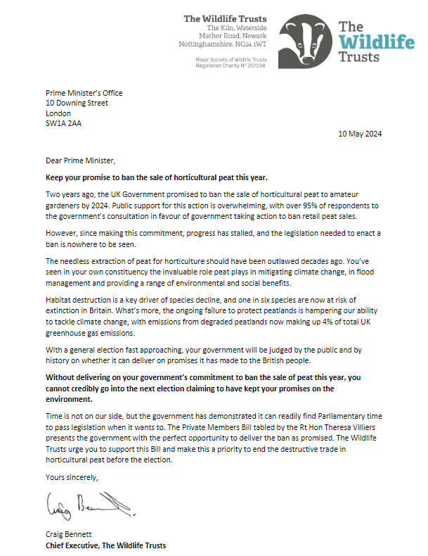We’re joining @WildlifeTrusts in urging @GOVUK to prioritise a ban on peat before the next General Election! CEO of the Wildlife Trusts, @CraigBennett3 has today written to @RishiSunak about the critical importance of ending peat extraction. Read the letter below! 👇