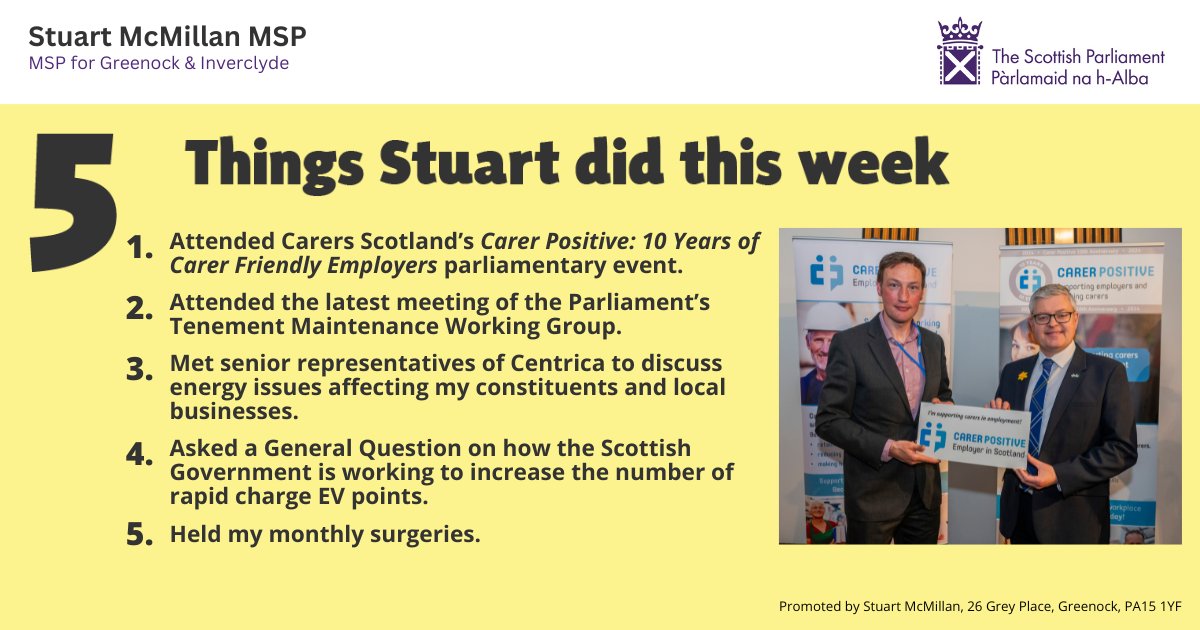 Here's this week's 🖐 things which includes: 🤝 @CarersScotland 🏘 Tenement Maintenance Working Group 🔋 @centricaplc meeting 💬 Question on rapid EV chargers 🗣 Monthly surgeries