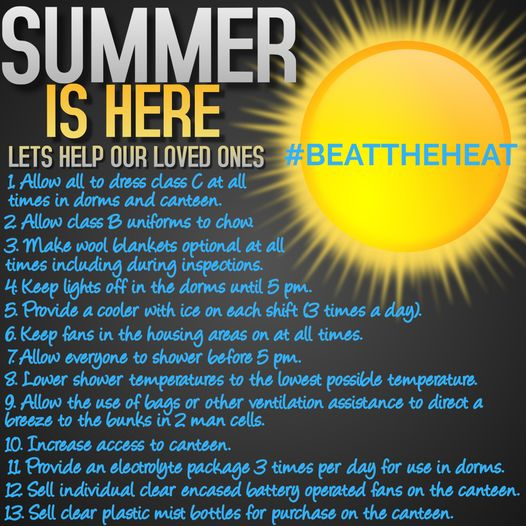 #beattheheat #visitaprison @Fl_Corrections @jaytrumbull @DougBroxson @csime90 @jenn_bradley @Gayle_Harrell @FLSenate @myflhouse Simple actions you can take NOW to help the 80,000+ incarcerated Floridians beat the brutal summer heat. Thank you.