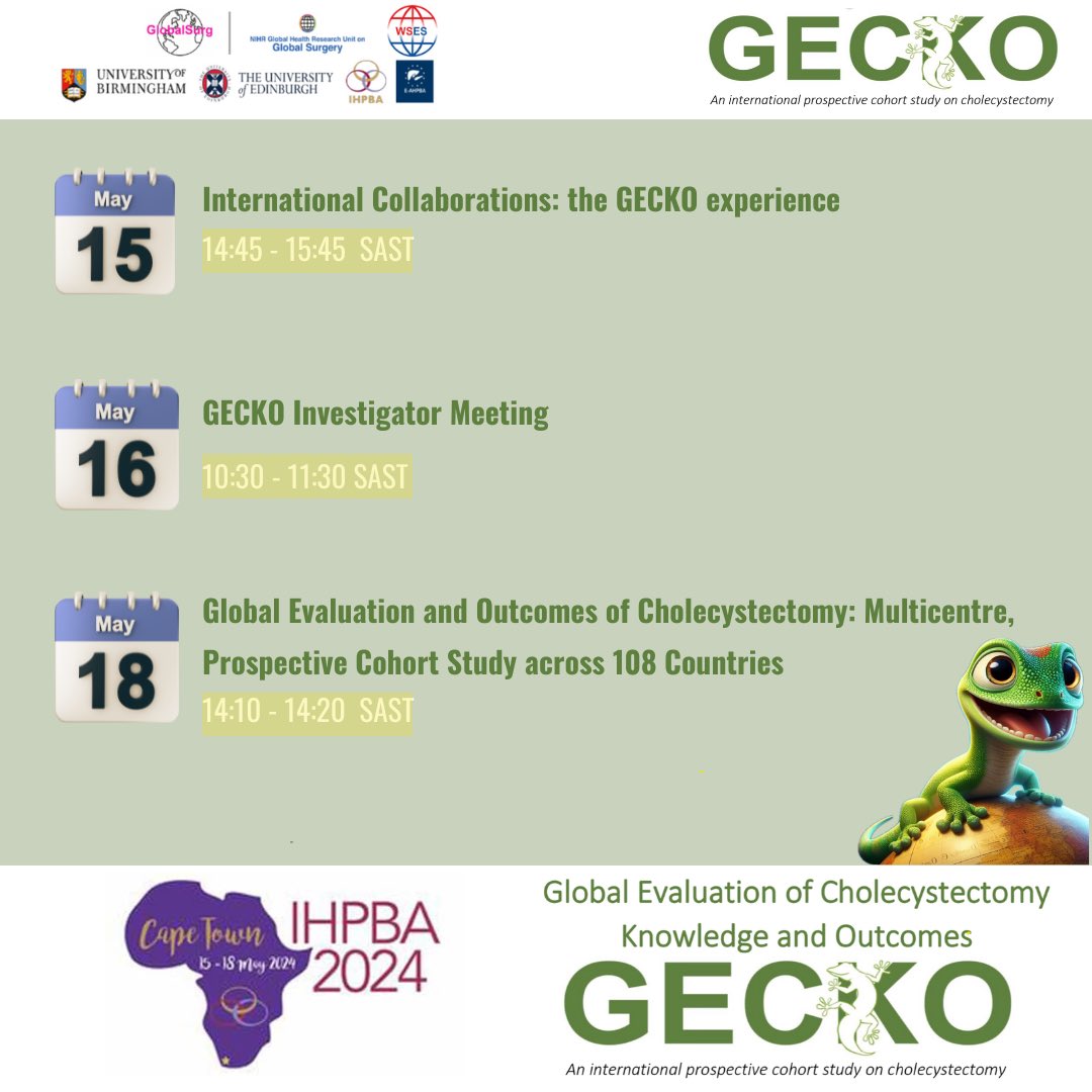 Great week for @gecko_study presenting at @RACSurgeons! Coming up next 👉 Join us at @IHPBA as we discuss findings & experience from our study! Take advantage of this opportunity to dive into collaborative research! Find the dates and times of @gecko_study's sessions 👇