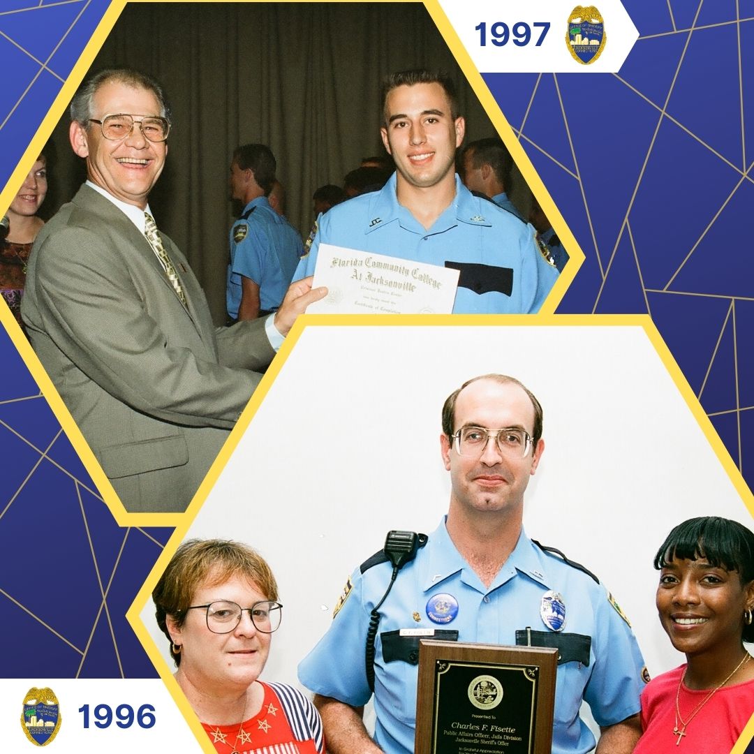 #FlashbackFriday These officers’ careers are still making a positive impact to this agency decades later. Charles Fisette was recognized in 1996 during National Correctional Officers’ Week. He has since retired but has passed on the #JSO tradition to his son. Robbie Henson