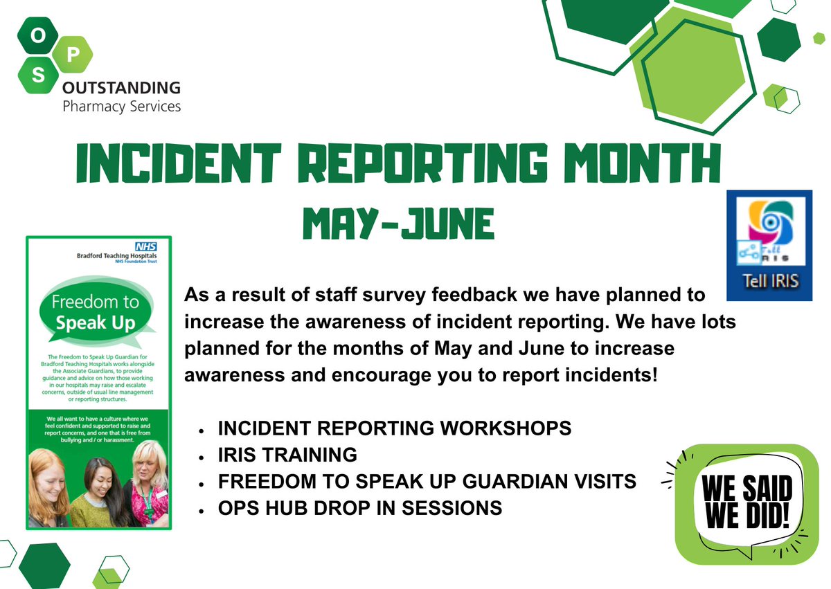 As a result of the staff survey the clinical team action planning group are carrying out 'incident reporting month' throughout May and June. We have lots planned for the months to increase awareness and encourage you to report incidents! 'We Said, We Did' #nhsstaffsurvey