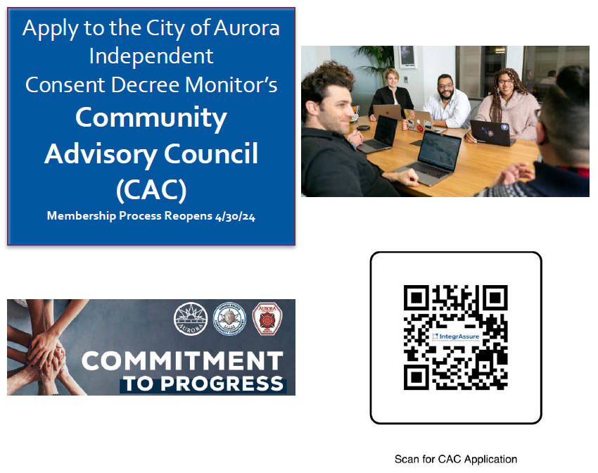 Applications to serve on the Community Advisory Council (CAC) are now being accepted by the city of Aurora Independent Consent Decree Monitor. ℹ️ More info on the role of CAC: auroramonitor.org/community-advi… 🈸Submit application: app.smartsheet.com/b/form/33bacd6…
