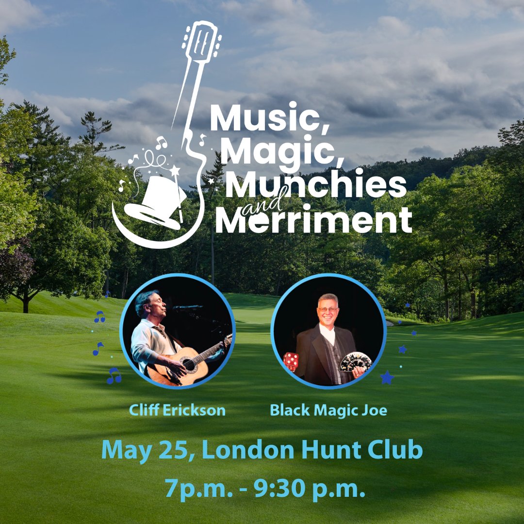 May 25, bring your family out to the @LondonHuntClub and enjoy the music of veteran entertainer Cliff Erickson and the magic of Black Magic Joe at Music, Magic, Munchies and Merriment in support of Children's Health Foundation! Visit bit.ly/CHFMusicMagic to get tickets today!