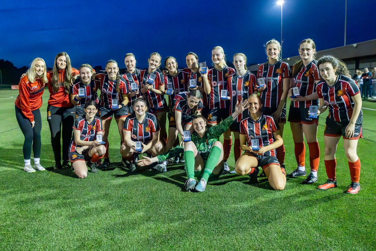 Acknowledging the crowd's support, @LeedsModsWomen at last night's @WRCWFL Cup Final v @HalifaxFCWomen . 3rd photo shows Tara with her Player of the Match award. 4th pic is all the women with their medals. Still smiling!