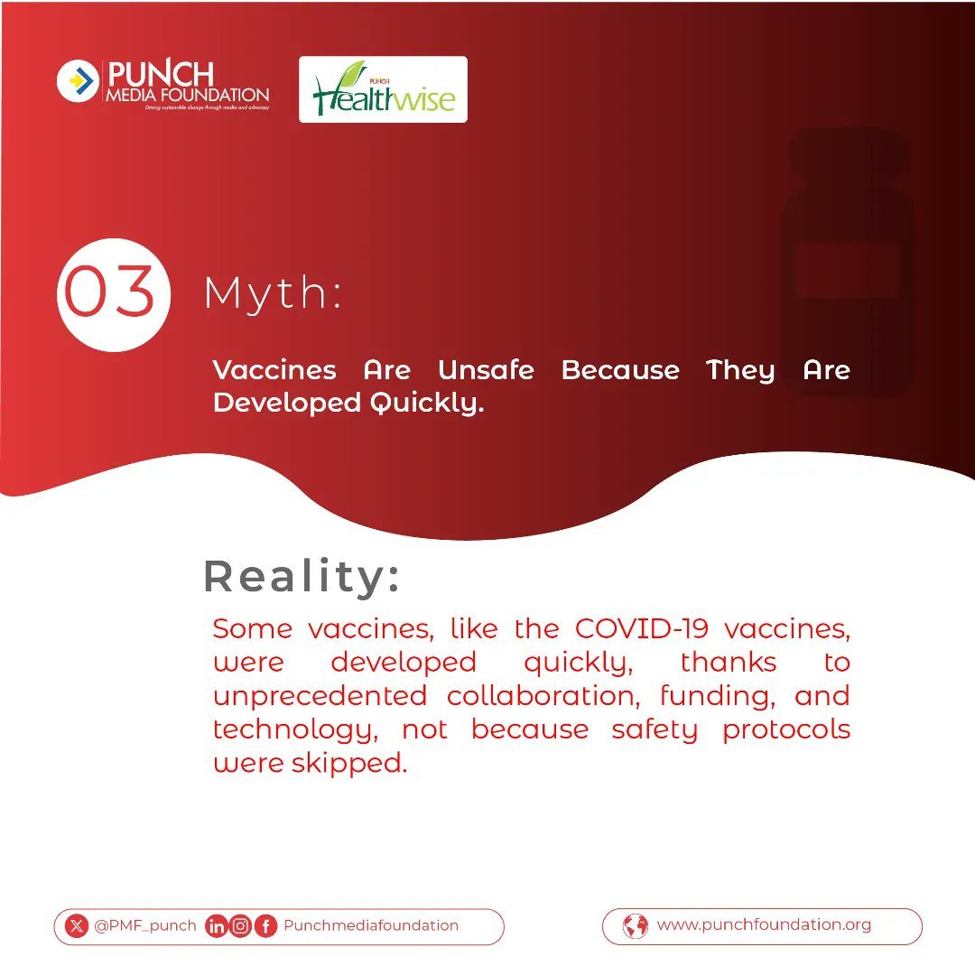 Vaccines are one of the most significant achievements in public health, yet they continue to be a source of debate and misinformation. 

Myths about vaccines can spread rapidly, causing confusion and hesitation. 
#vaccines #fridayfacts

@MobilePunch @punchhealthwise