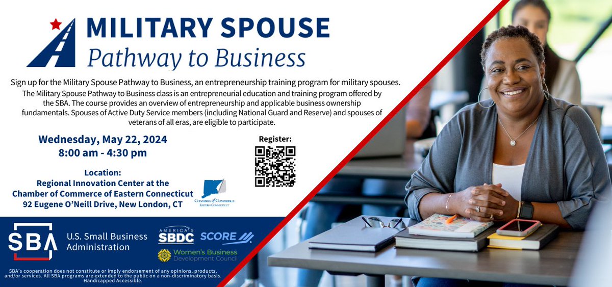 Register now for the Military Spouse Pathway to Business program taking place on May 22nd ☑️Business Ownership 101 ✅Understanding Markets ☑️Economics of Start-Ups ✅Legal Considerations ☑️Business Planning ✅Financing ☑️and more! sba.gov/event/47726