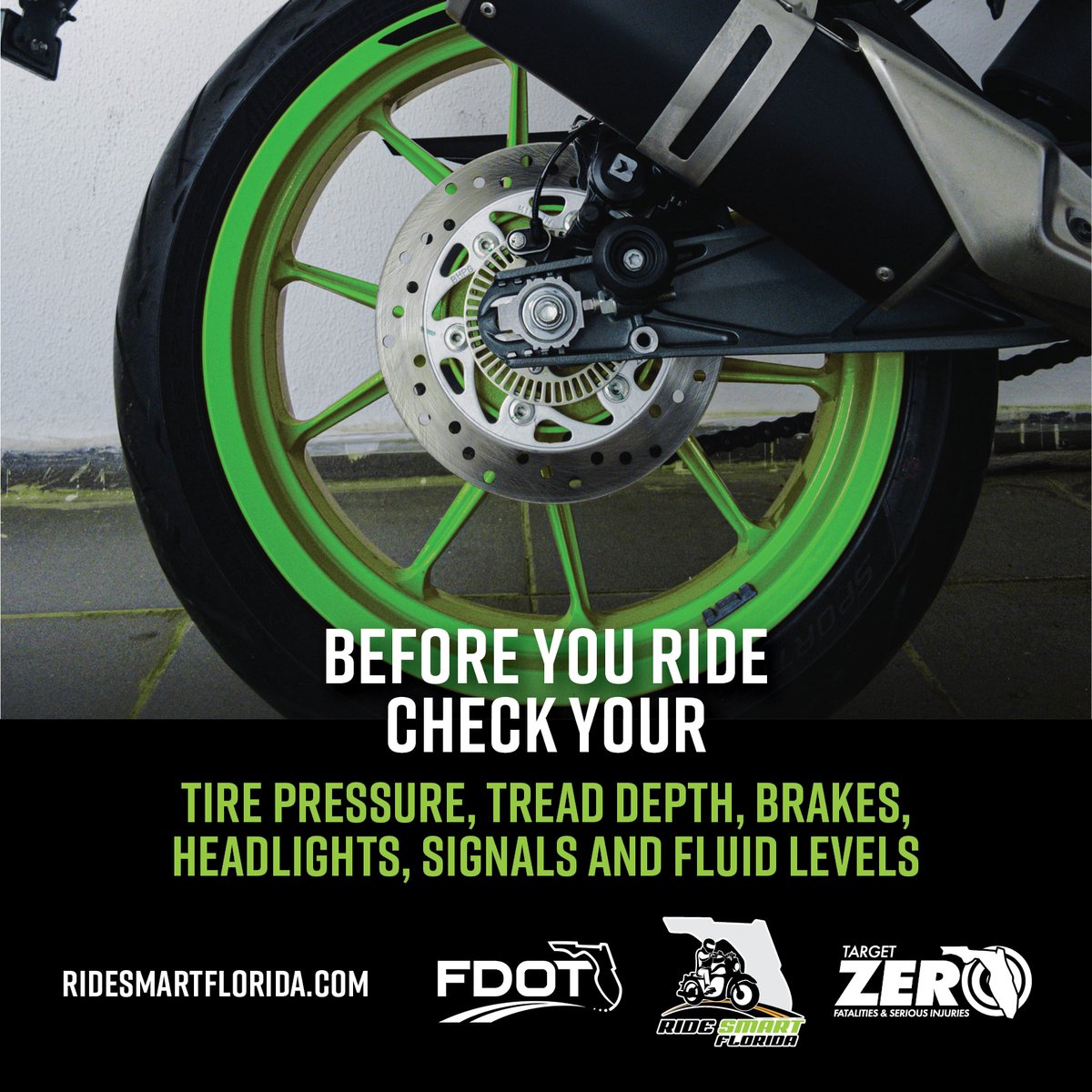 Got a motorcycle? Give it some TLC before hitting the road - check your tire pressure, tread
depth, brakes, headlights, signals and fluid levels.
#RideSmartFL #letsgeteveryonehome