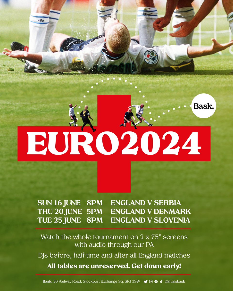 fitzstockport's tweet image. EURO FEVER AT BASK!

From June 14 - July 14 we’ll be making Bask a proper fan zone. Catch all the matches on our 2 big screens. For England games, commentary through the PA. We’ll have DJs before, halftime and after the match.