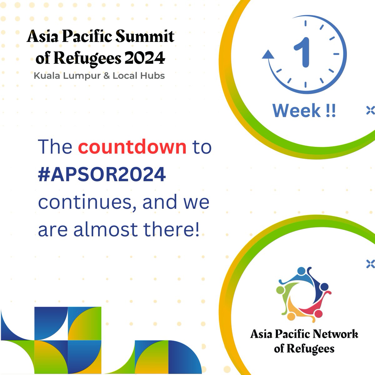 🚨 1 week to go... until the 2024 Asia Pacific Summit of Refugees! ✨ We reaffirm our commitment to a more inclusive, compassionate, and resilient future for all displaced individuals in the region. Share with us what aspect of #APSOR2024 you're most excited about!