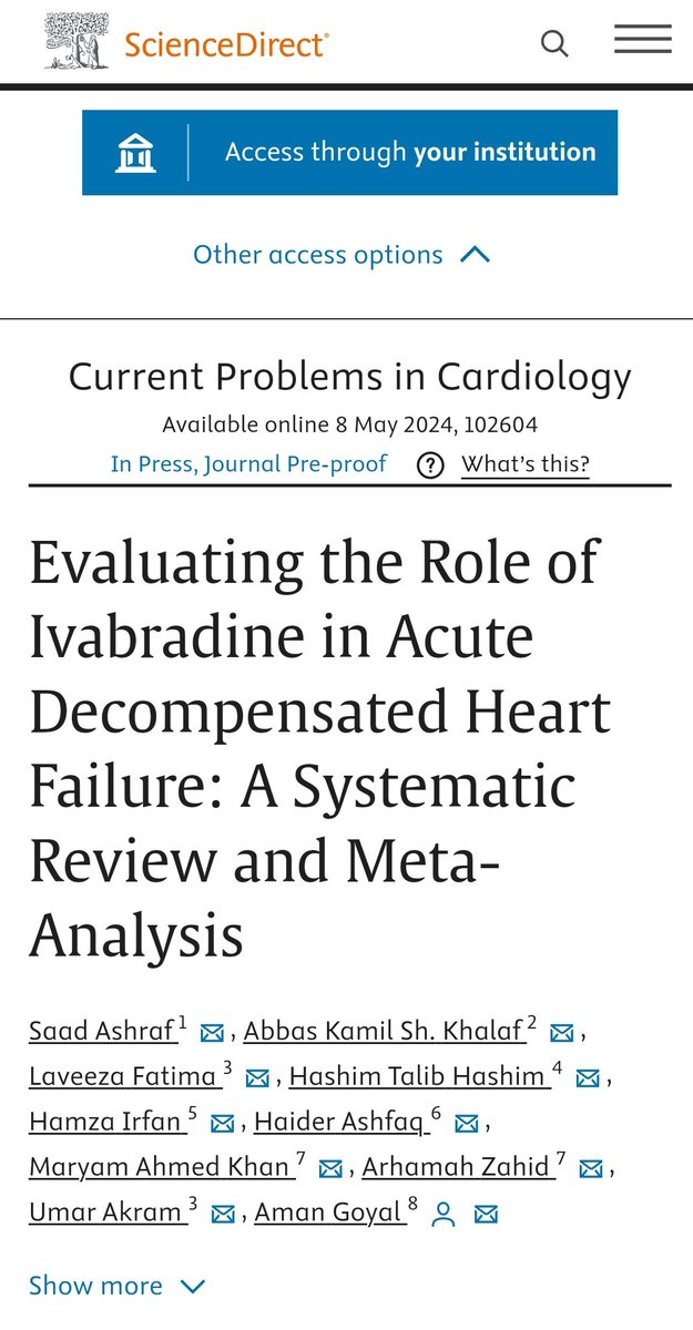 In our recent meta-analysis we evaluated the safety and efficacy of ivabradine for patients with acute decompensated heart failure (ADHF). Our findings are now available online @CurrProbsCardio doi.org/10.1016/j.cpca…