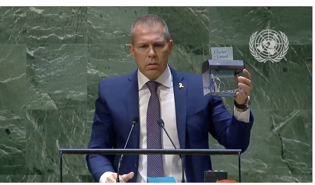 Israel's Ambassador to the UN literally just shredded the UN Charter in front of the General Assembly. He absurdly claims that Palestinian membership would destroy the very foundations of the organization.