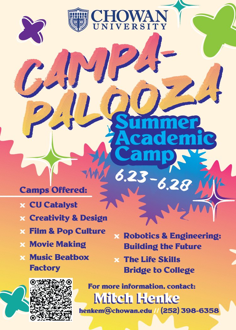 Don't miss out on our early registration prices and sign up for Campapalooza by May 15th! Students will have the opportunity to stay in the residence halls, make new friends, and participate in academic sessions! We can't wait to #CUHere Register at chowan.edu/campapalooza20…