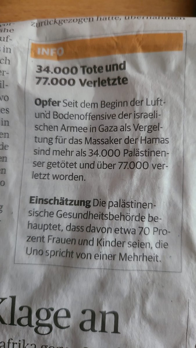 Angemessene Reaktion? 34.000 tote und 77.000 verletzte Palästinenser sind das bisherige Ergebnis der israelischen Reaktion auf die Gräueltaten der Hamas an 1.300 Israelis vom 7.10.2023. Quelle : Rheinische Post vom 03.05.2024