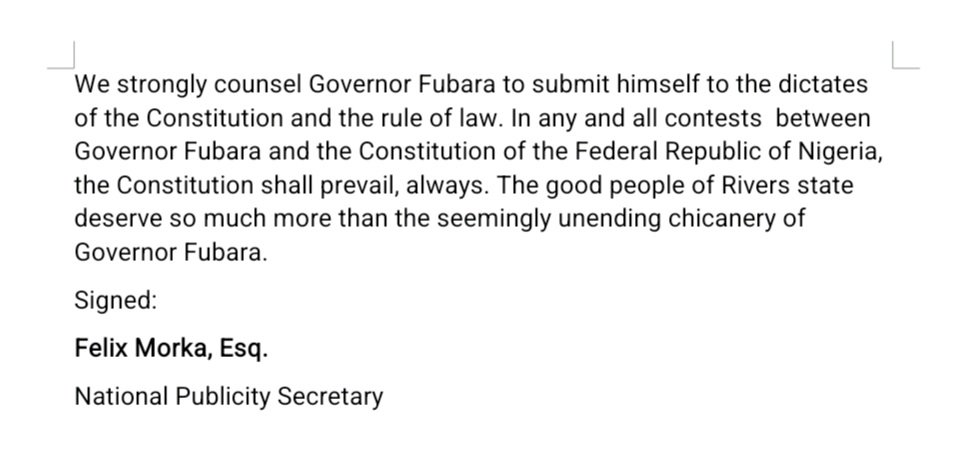 GOVERNOR FUBARA, YOU CANNOT ABROGATE THE CONSTITUTION OF THE FEDERAL REPUBLIC OF NIGERIA Governor Fubara’s quest to repudiate the Constitution and govern in denial of the existence of the state legislature is, in and of itself, among other grounds, an impeachable offense