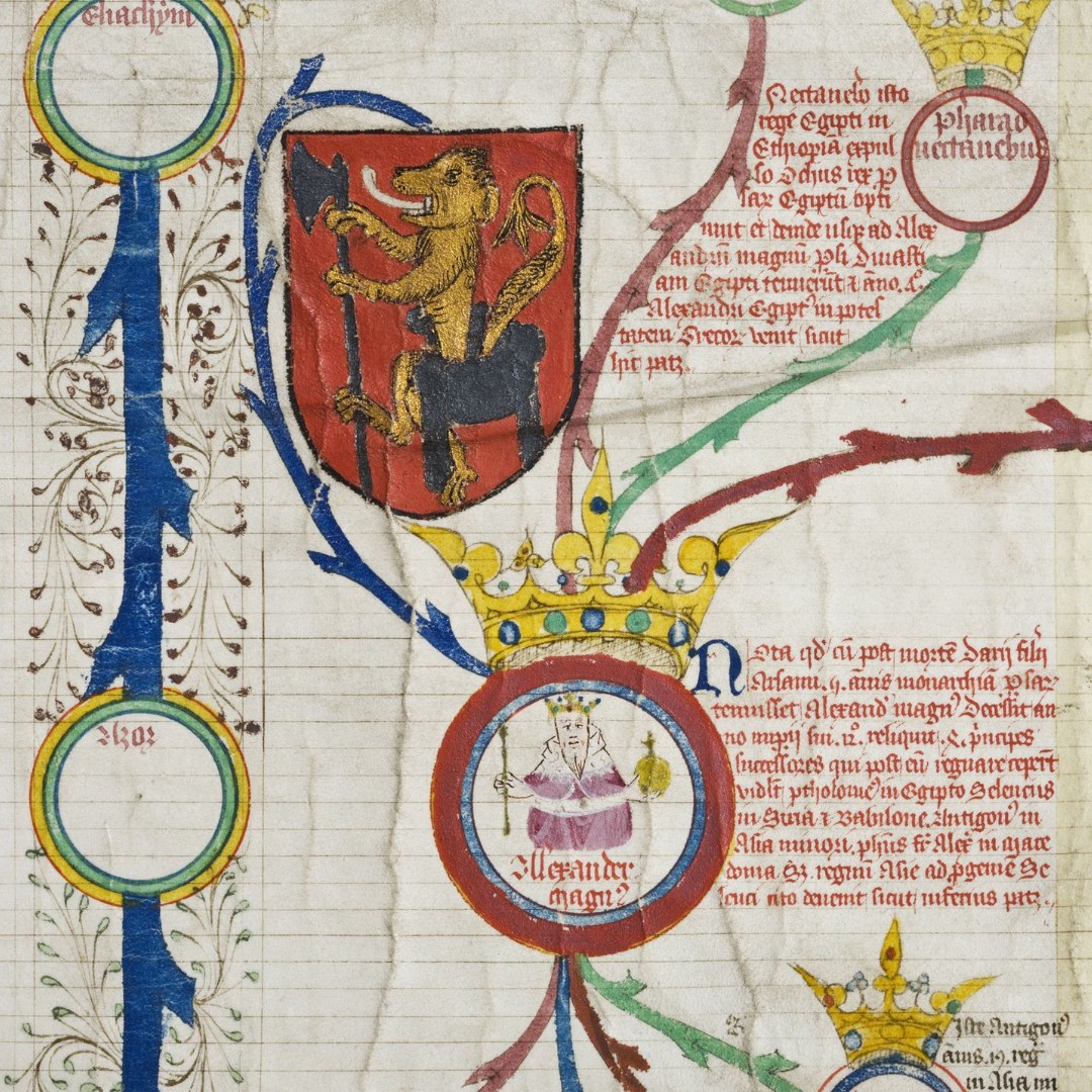 The Roll Chronicle is a rare surviving genealogical roll, charting the descent of Henry VI from Adam & Eve. Rolls like this show the desire to be associated with legendary & documented figures of the past but are notoriously imaginative. The detail here shows Alexander the Great.