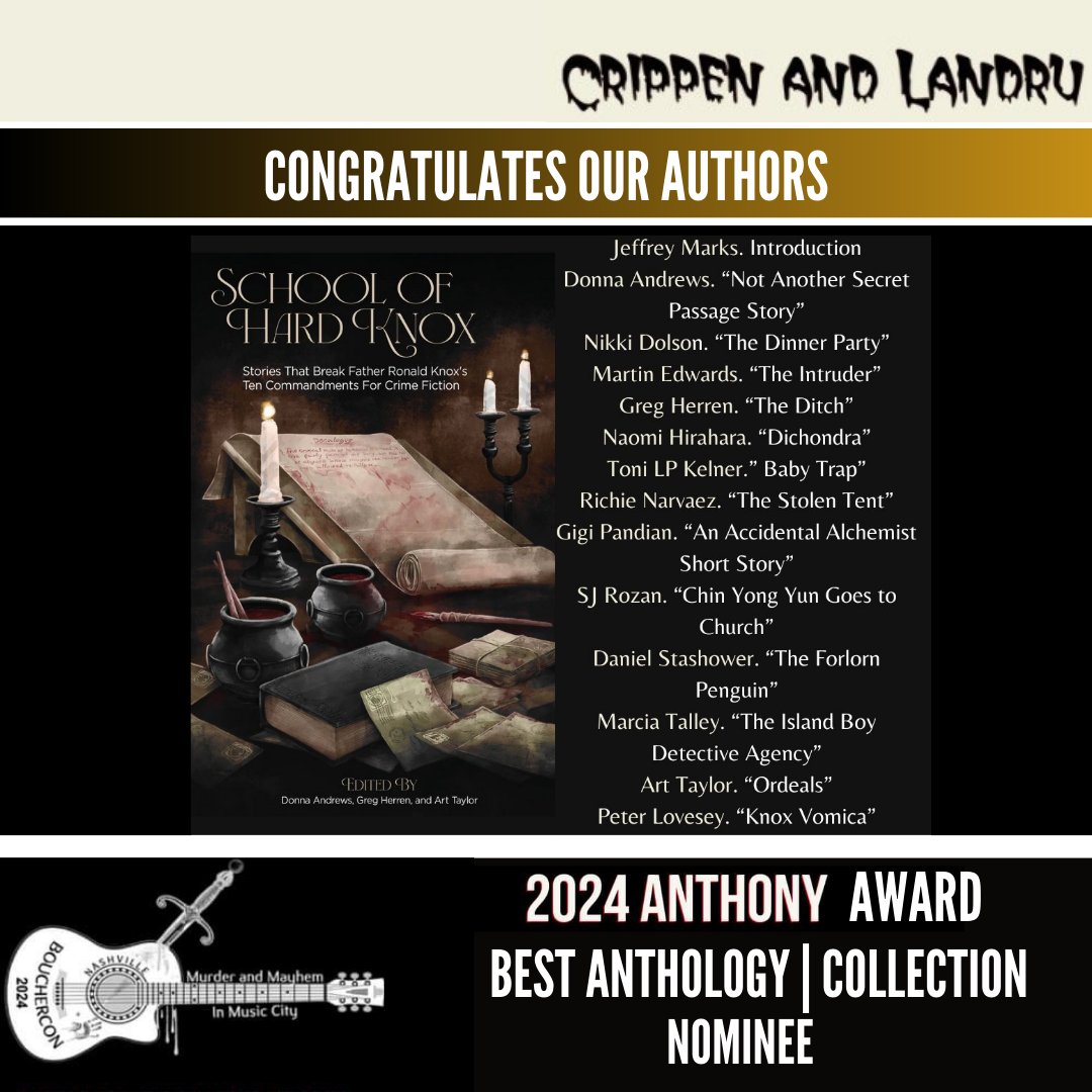 . @CrippenLandru congratulates #authors on making the #AnthonyAward nom possible @Jeffrmarks @DonnaAndrews13 @nikkidolson @medwardsbooks @scottynola @gasagasagirl @ToniLPKelner @richie_narvaez @GigiPandian @SJRozan @DanielStashower @MarciaTalleyBks @ArtTaylorWriter